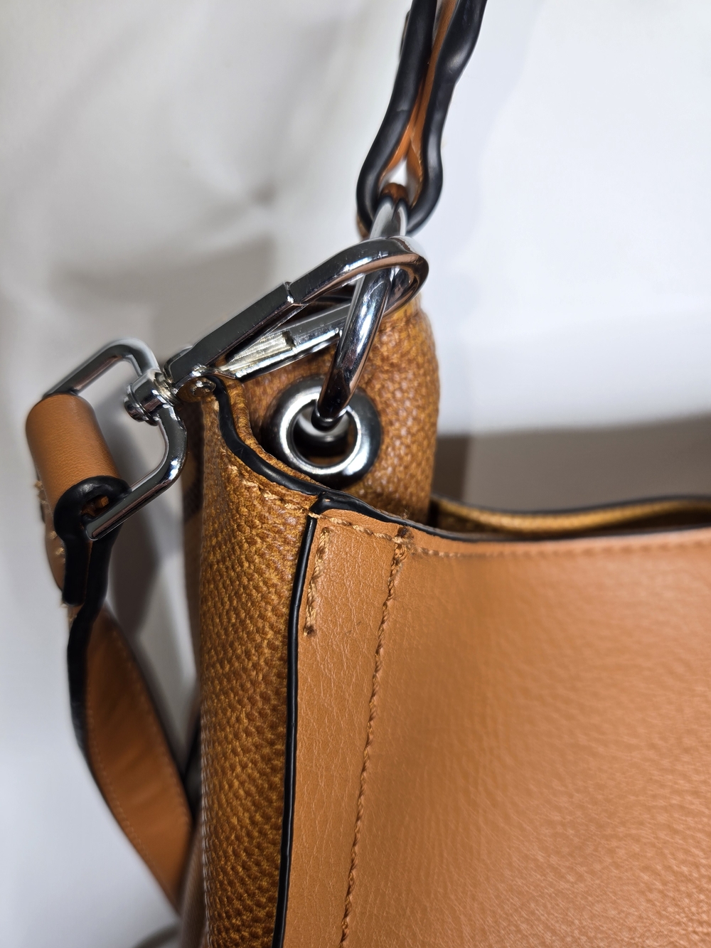 Tan Faux Leather Slouchy Hobo Shoulder Bag with Textured Leather Trim Tote 12x12 - Picture 5 of 16